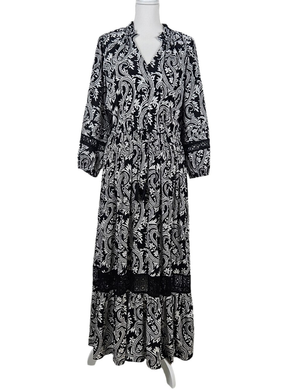 Chicos Maxi Dress Paisley Crochet Lace Trim Black White Tassel Boho 1.5 10 Women